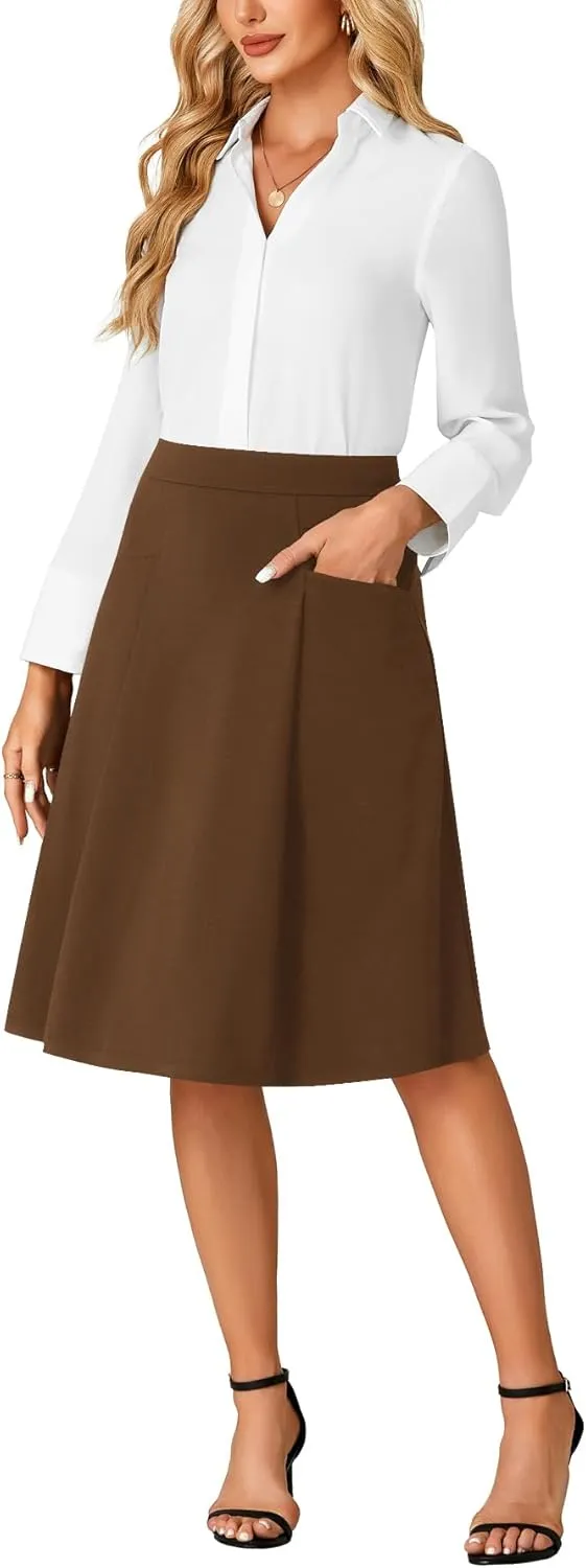 Rooscier Women's High Waist Pleated Flared A Line Elegant Midi Skirt with Pockets