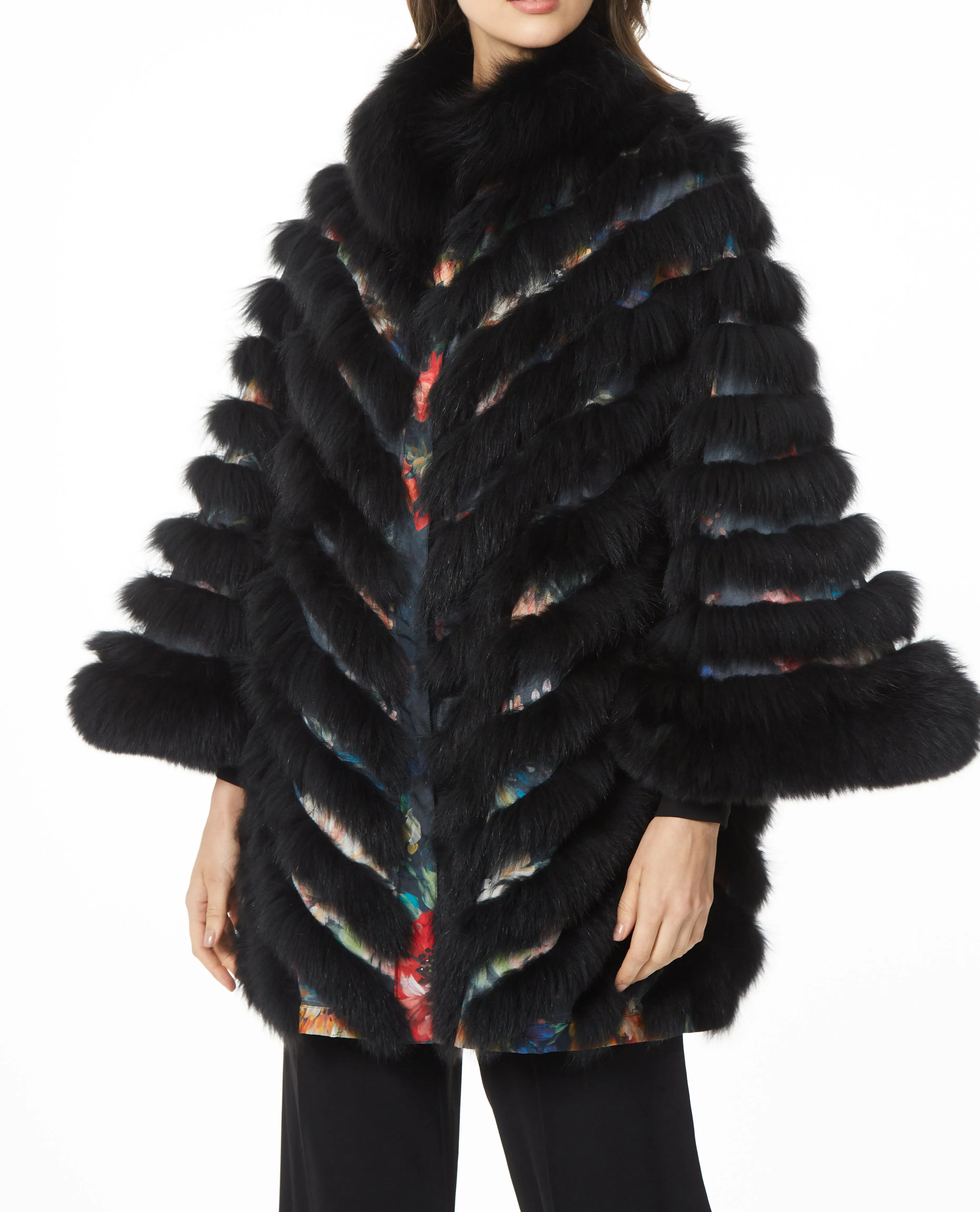 SILK REVERSIBLE GINGER RODGERS PONCHO IN BLACK AND FLORAL