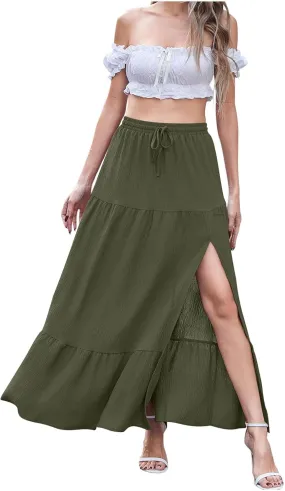 Skirt Sets for Women 2 Piece Ruffle Trim Off Shoulder Crop Tops Matching Slit Swing Skirts Beach Boho Outfits