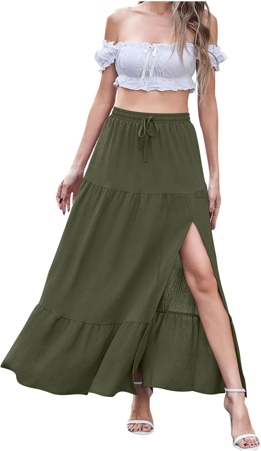 Skirt Sets for Women 2 Piece Ruffle Trim Off Shoulder Crop Tops Matching Slit Swing Skirts Beach Boho Outfits