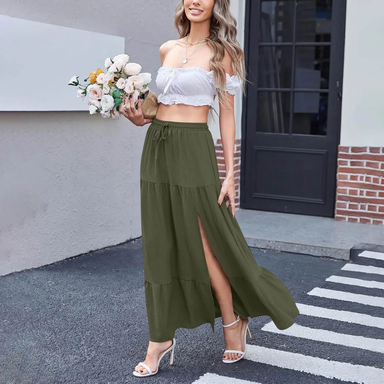 Skirt Sets for Women 2 Piece Ruffle Trim Off Shoulder Crop Tops Matching Slit Swing Skirts Beach Boho Outfits