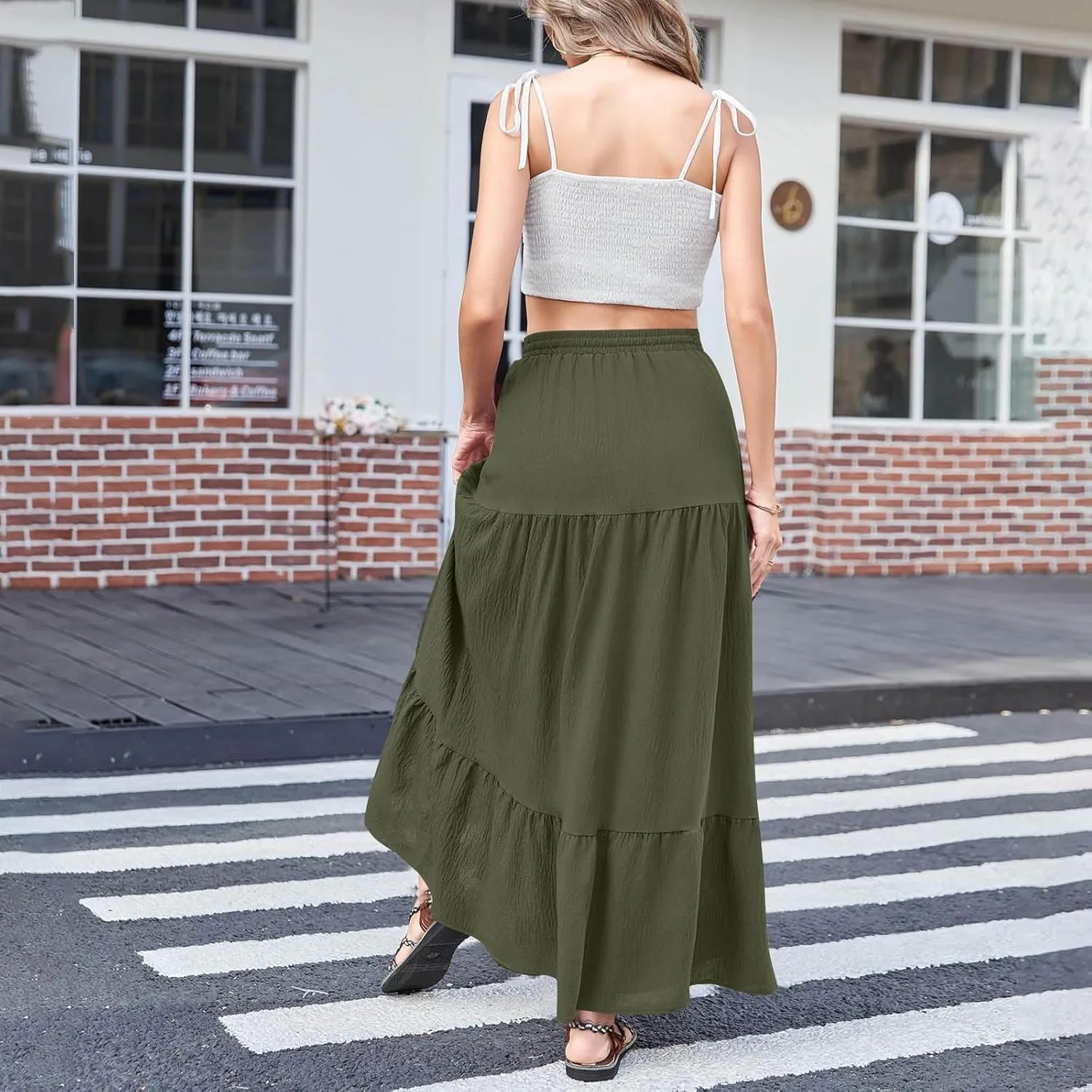 Skirt Sets for Women 2 Piece Ruffle Trim Off Shoulder Crop Tops Matching Slit Swing Skirts Beach Boho Outfits