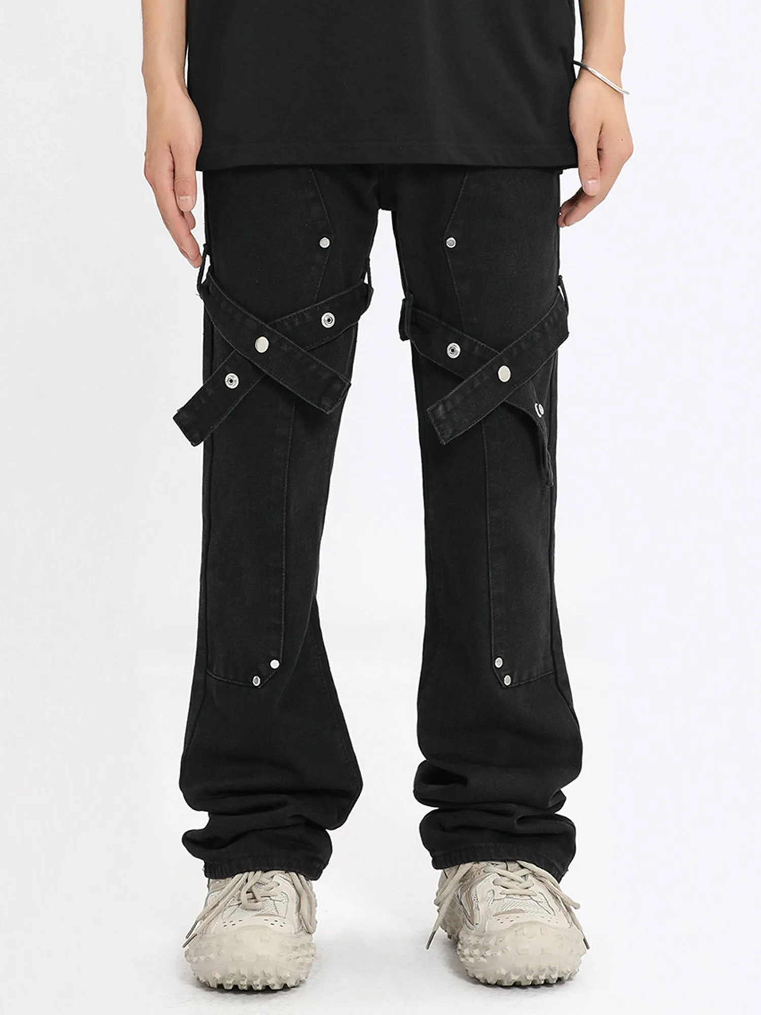 Sneakerhill High Street Strappy Straight Leg Casual Work Jeans - 2018