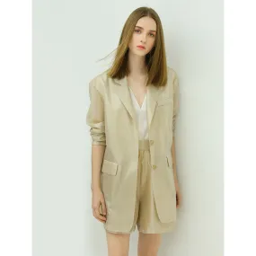 Soft Sheer Single Breasted Long Beige Blazer
