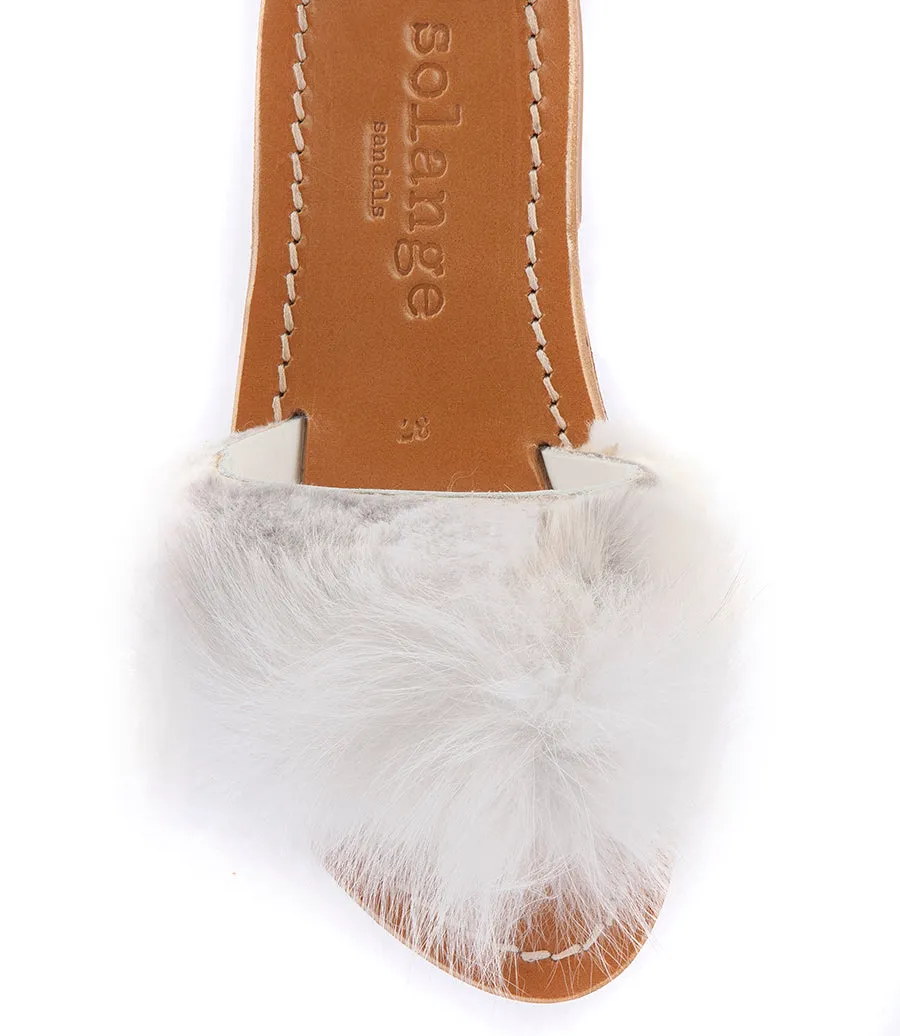 STRIPE FUR TRIMMED FLIP FLOP SANDALS WHITE