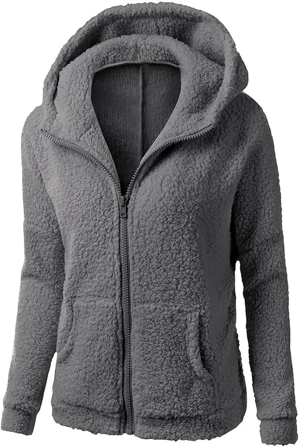 Winter Clothes for Women 2023 Fuzzy Fleece Long Sleeve Zip Up Solid Sherpa Coat Hooded Jacket Wool Warm Outerwear with Pocket