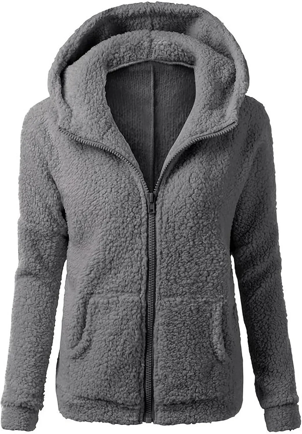 Winter Clothes for Women 2023 Fuzzy Fleece Long Sleeve Zip Up Solid Sherpa Coat Hooded Jacket Wool Warm Outerwear with Pocket