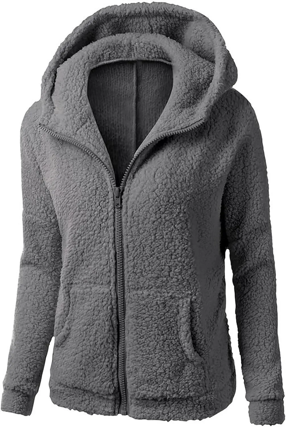 Winter Clothes for Women 2023 Fuzzy Fleece Long Sleeve Zip Up Solid Sherpa Coat Hooded Jacket Wool Warm Outerwear with Pocket
