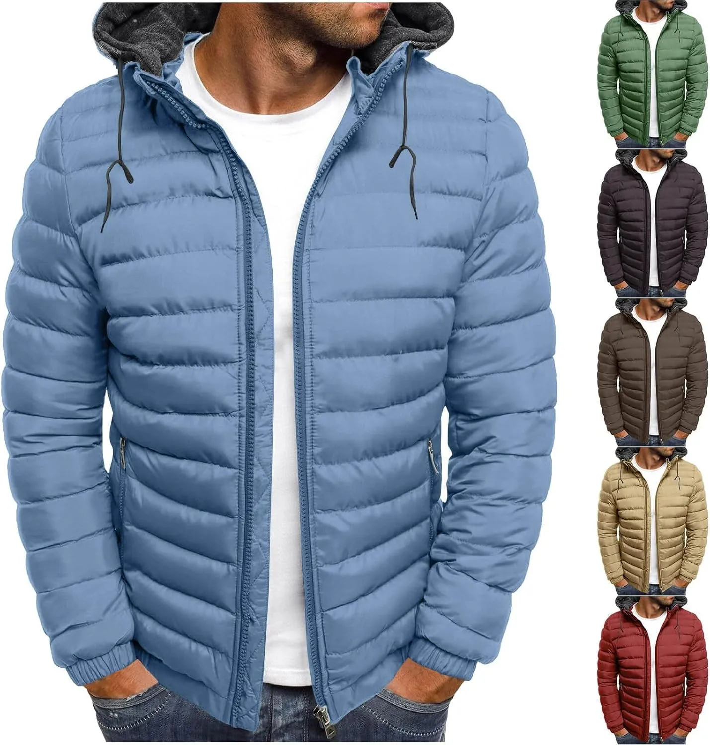 Winter Jackets for Men Zip Lightweight Hooded Puffer Jacket Padded Warm Coat Packable Quilted Insulated Down Jacket