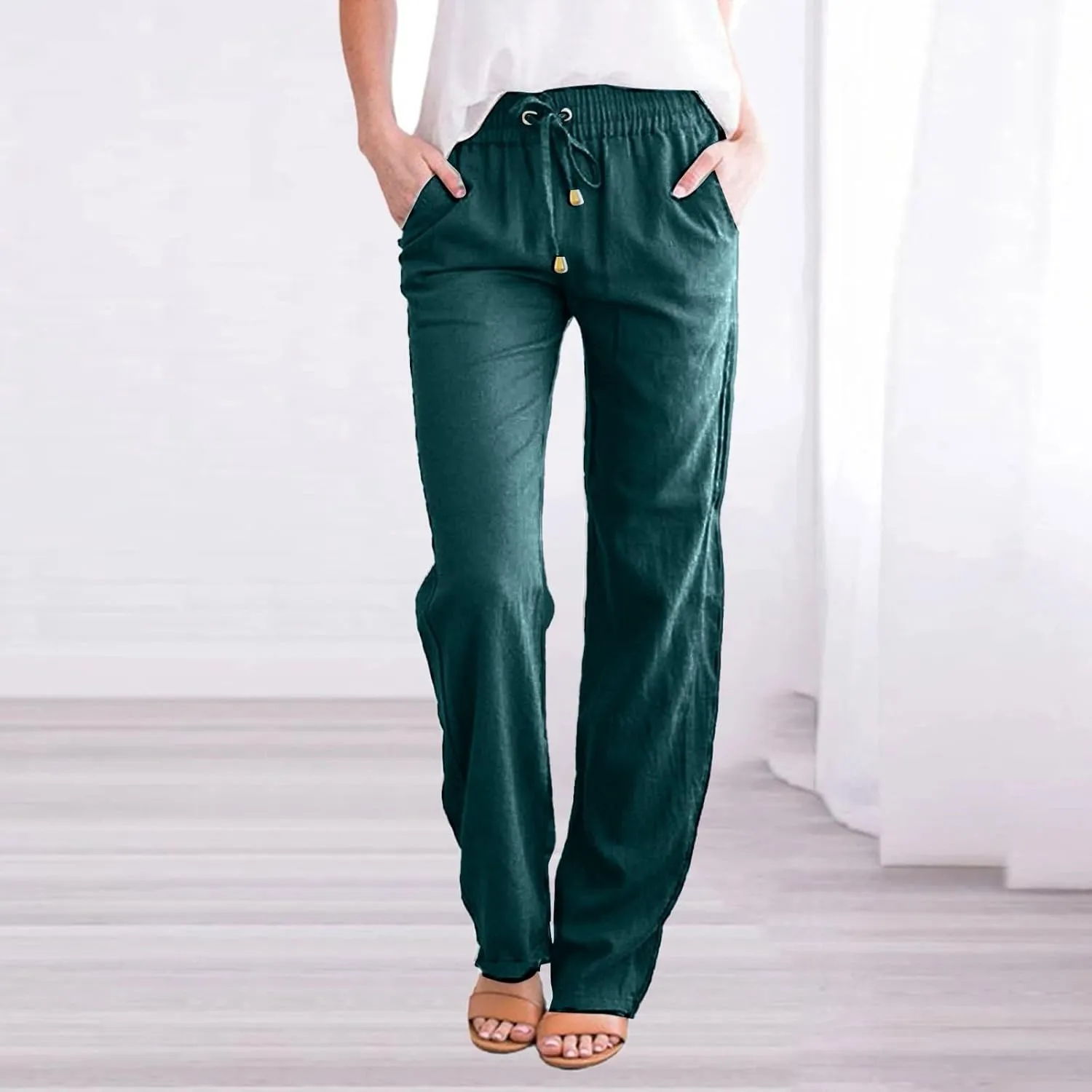 Women Cotton Linen Summer Drawstring Pant Trousers Elastic Waisted Baggy Stretchy Slim-Fit Palazzo Pants Trendy