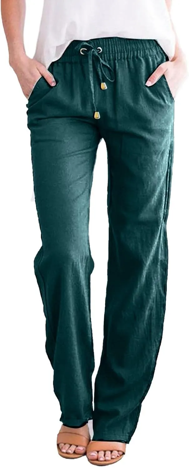 Women Cotton Linen Summer Drawstring Pant Trousers Elastic Waisted Baggy Stretchy Slim-Fit Palazzo Pants Trendy