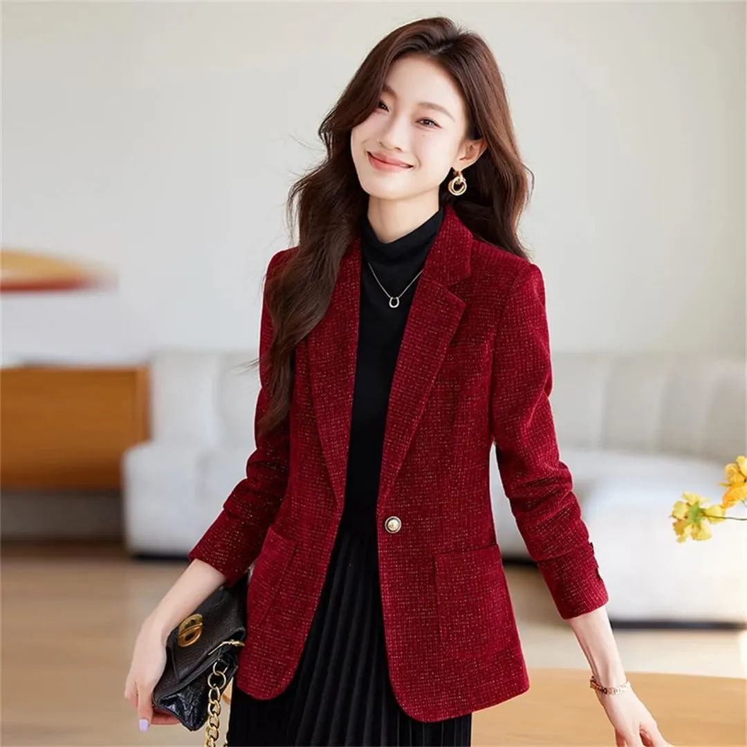 Women Elegant Single Breasted Long Sleeve Blazer Solid Colar Chic Office Soft Jacket