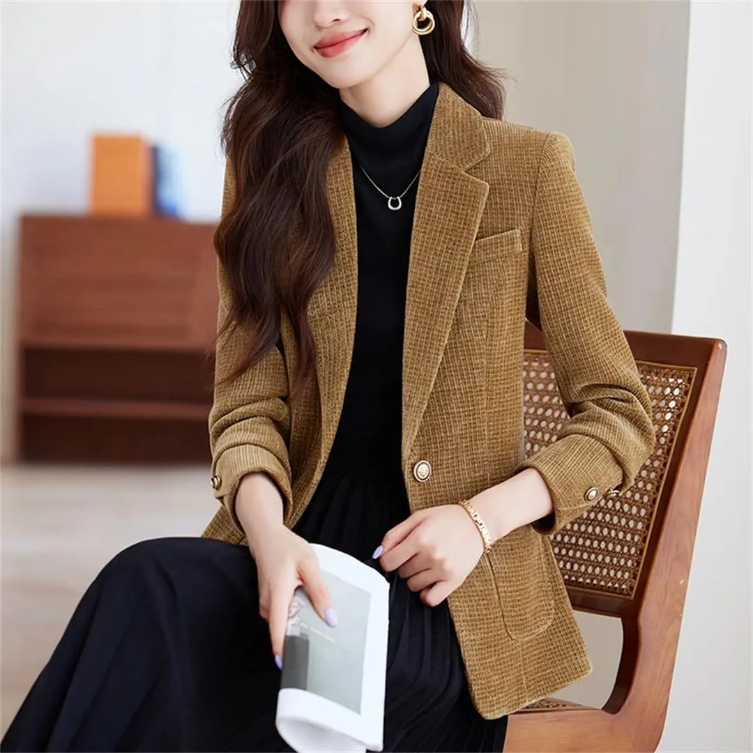 Women Elegant Single Breasted Long Sleeve Blazer Solid Colar Chic Office Soft Jacket