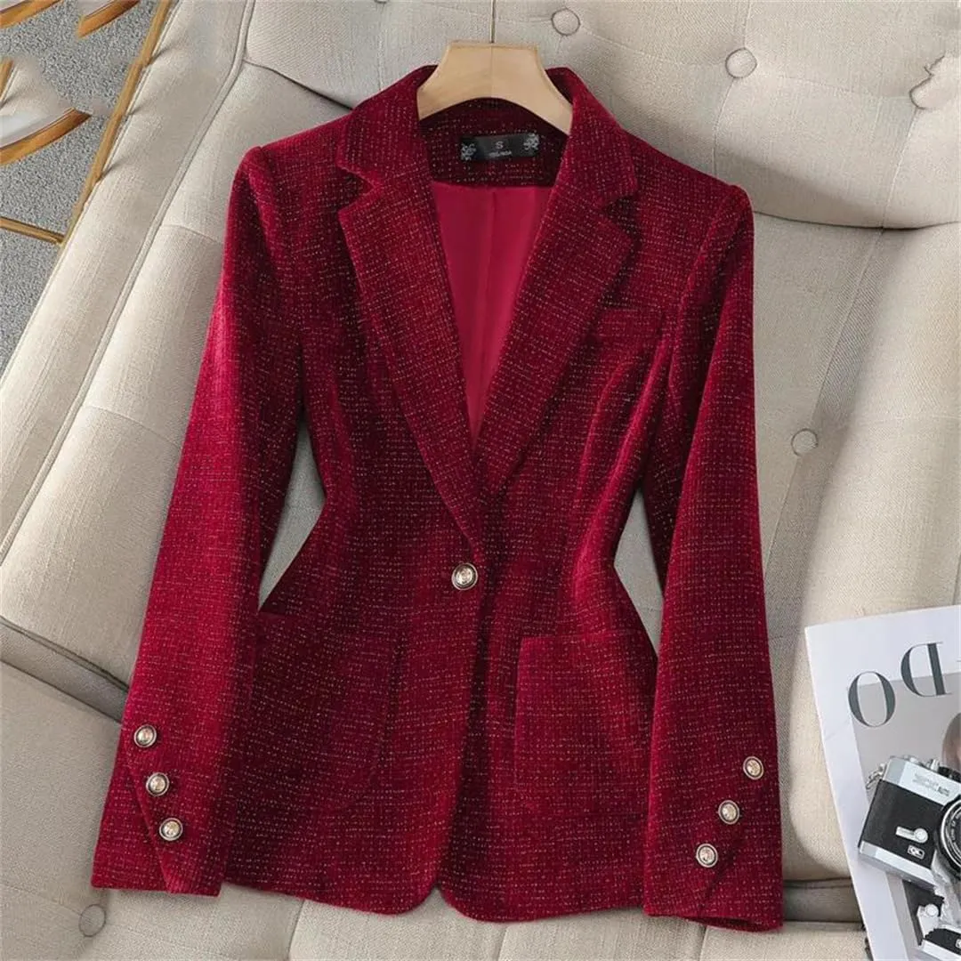 Women Elegant Single Breasted Long Sleeve Blazer Solid Colar Chic Office Soft Jacket