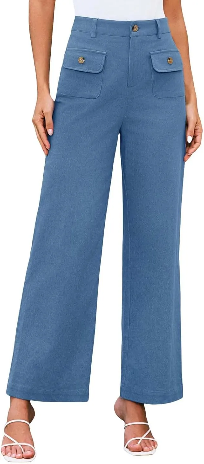 Women High Waist Wide Leg Pants Stretchy Solid Color Tummy Control Trousers Business Work Casual Pants with Pockets