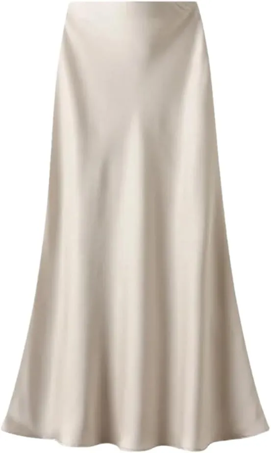 Women High Waisted Elegant Satin Skirt Party Wedding Flowy A-Line Midi Skirts