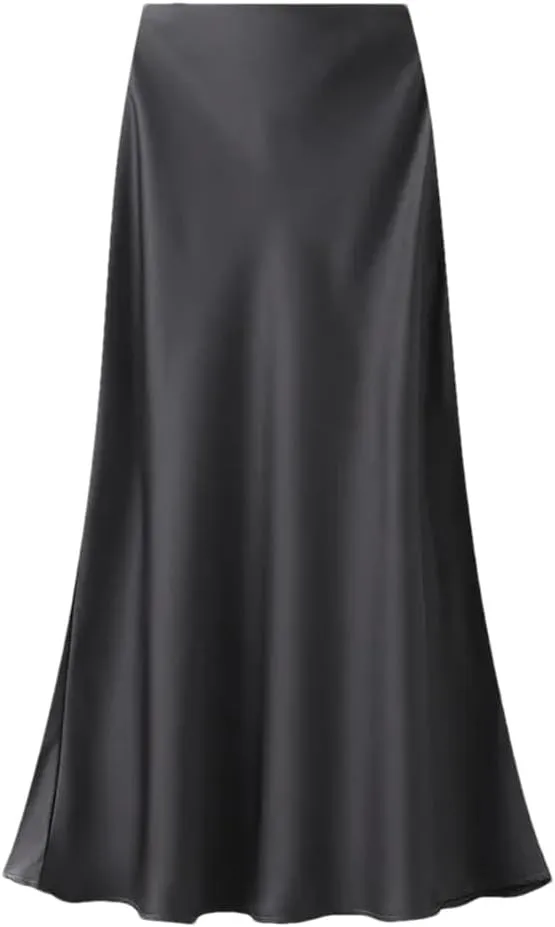 Women High Waisted Elegant Satin Skirt Party Wedding Flowy A-Line Midi Skirts