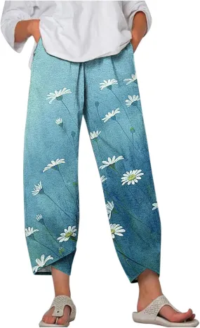 Women Linen Wide Leg Baggy Sweatpants Plus Size Breathable Exotic Trousers Amazing Travel Elastic Waist Beach Pants
