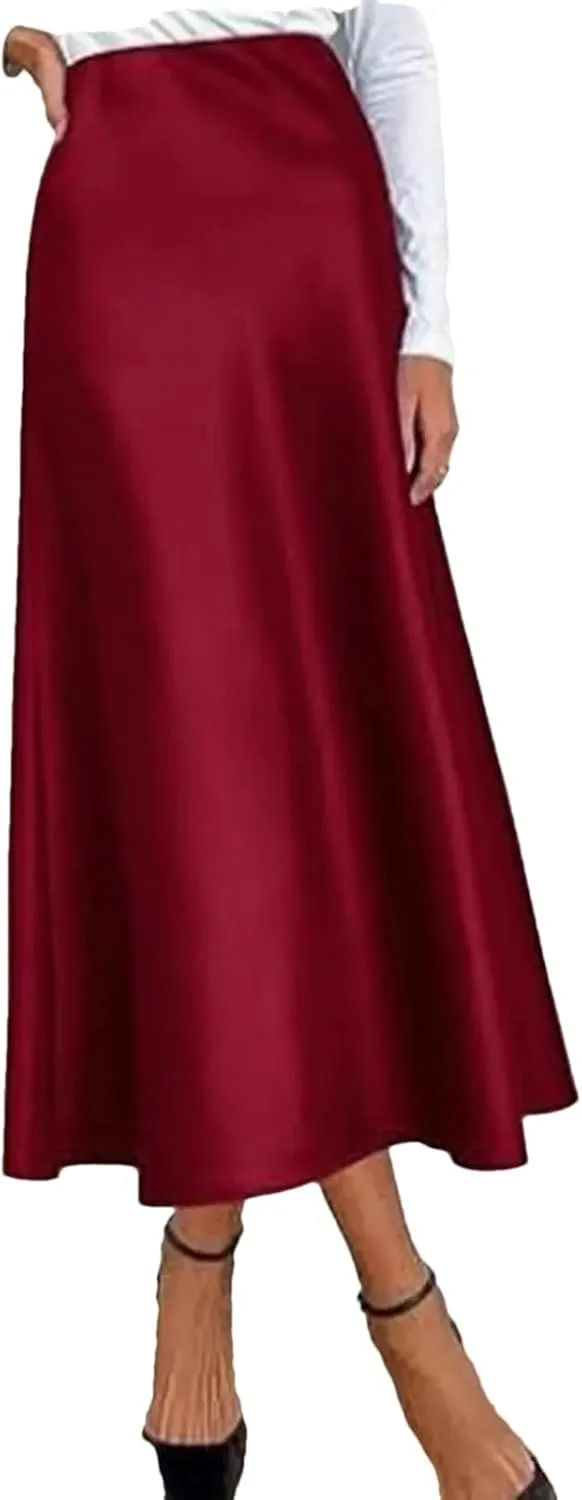 Women Long Satin Skirt Silk Elegant High Waist Cocktail Party Wedding Flared A Tennis Skirts