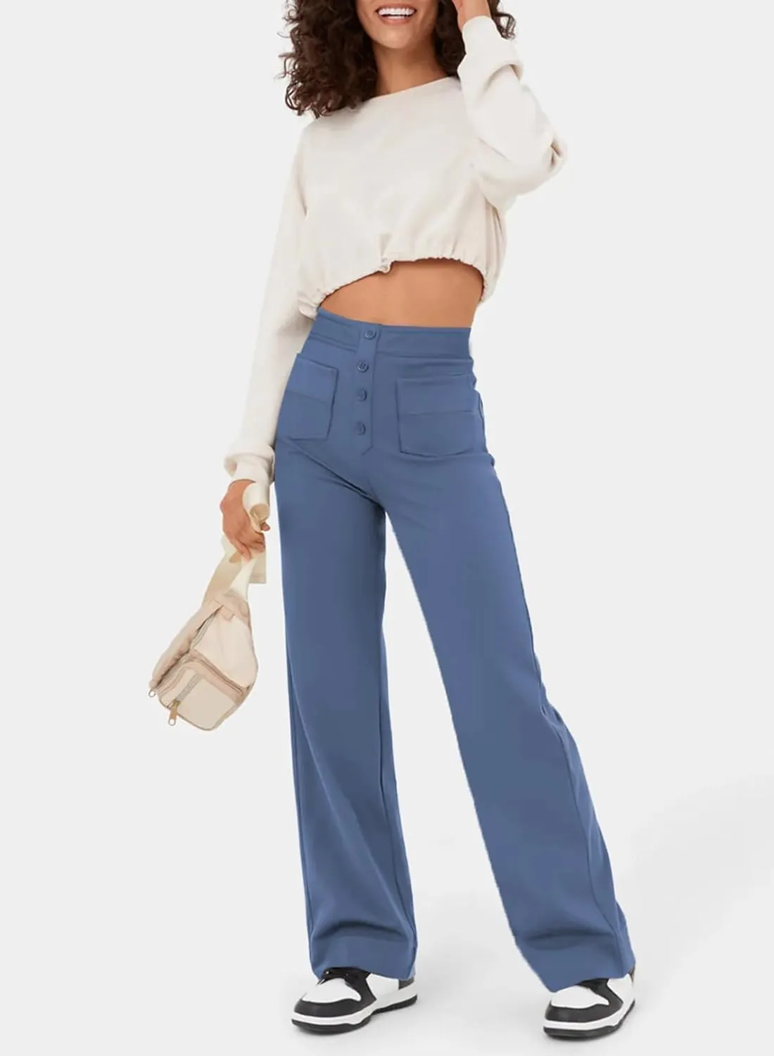 Women Pants 2025 Fashion High Waist Button Down Stretchy Work Pant Trousers Casual Straight Leg Pants with Pockets