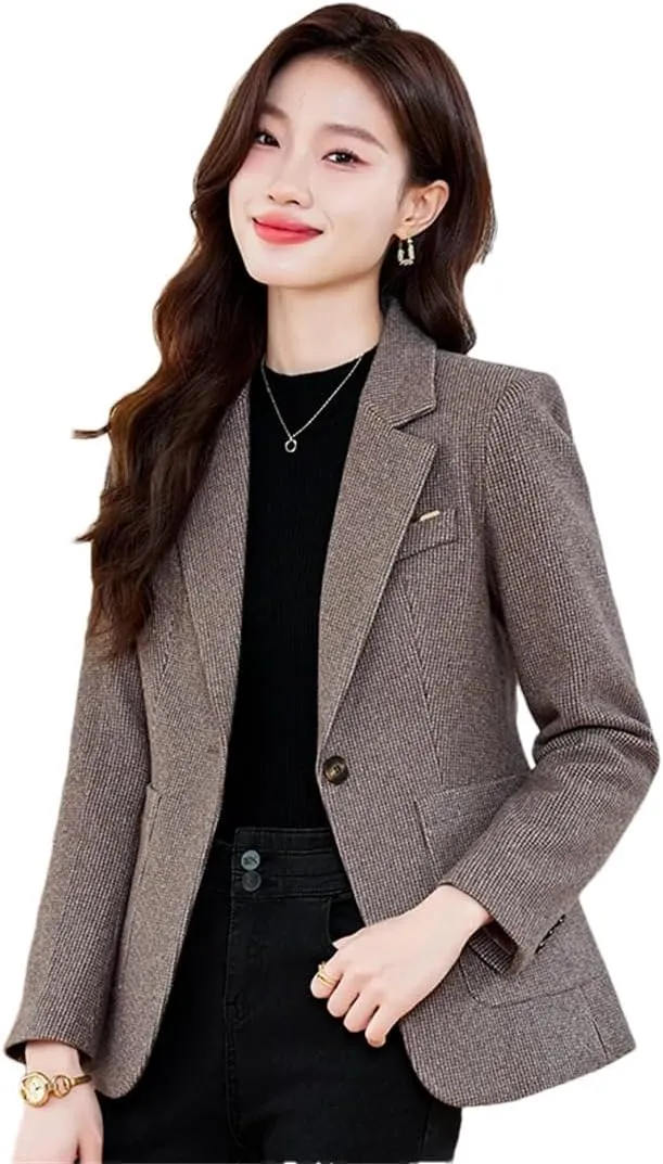 Women Plaid Blazer for Outerwears Jacket Office Woolen Chic Tops