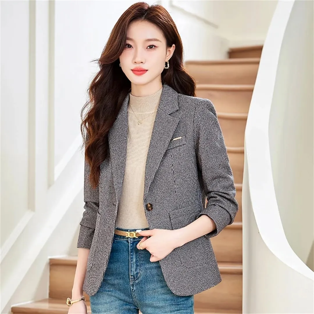 Women Plaid Blazer for Outerwears Jacket Office Woolen Chic Tops