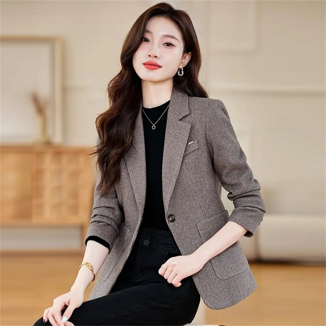 Women Plaid Blazer for Outerwears Jacket Office Woolen Chic Tops
