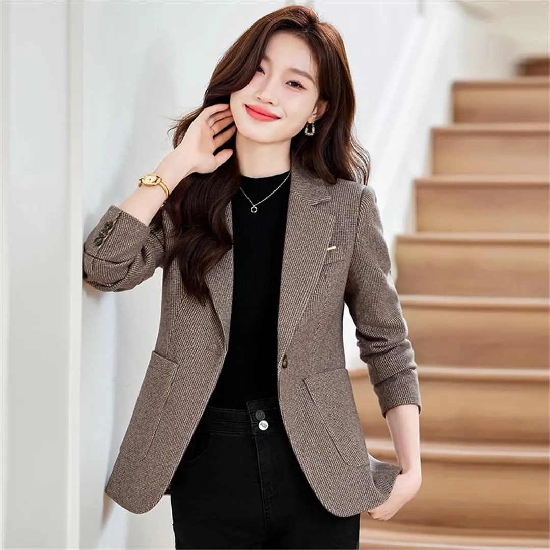 Women Plaid Blazer for Outerwears Jacket Office Woolen Chic Tops