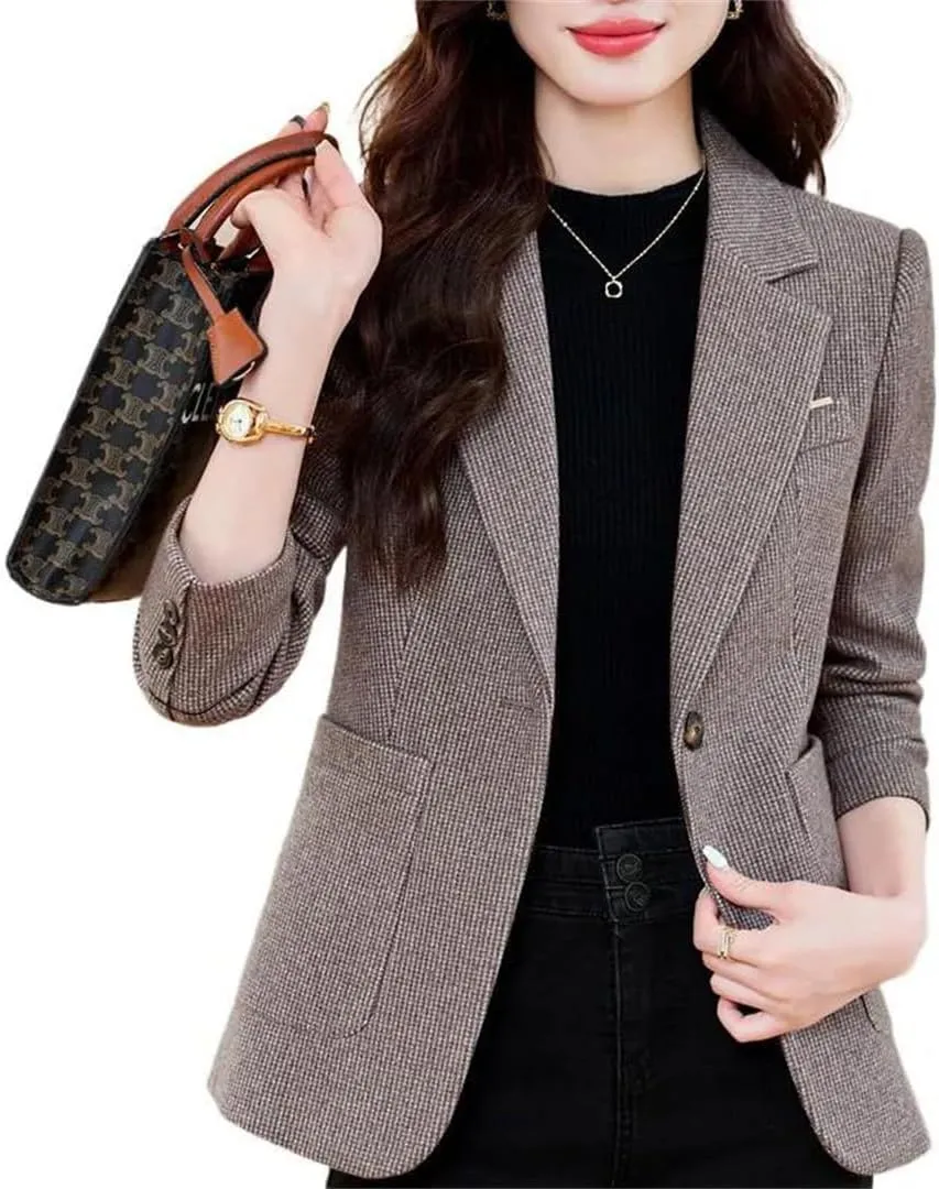 Women Plaid Blazer for Outerwears Jacket Office Woolen Chic Tops