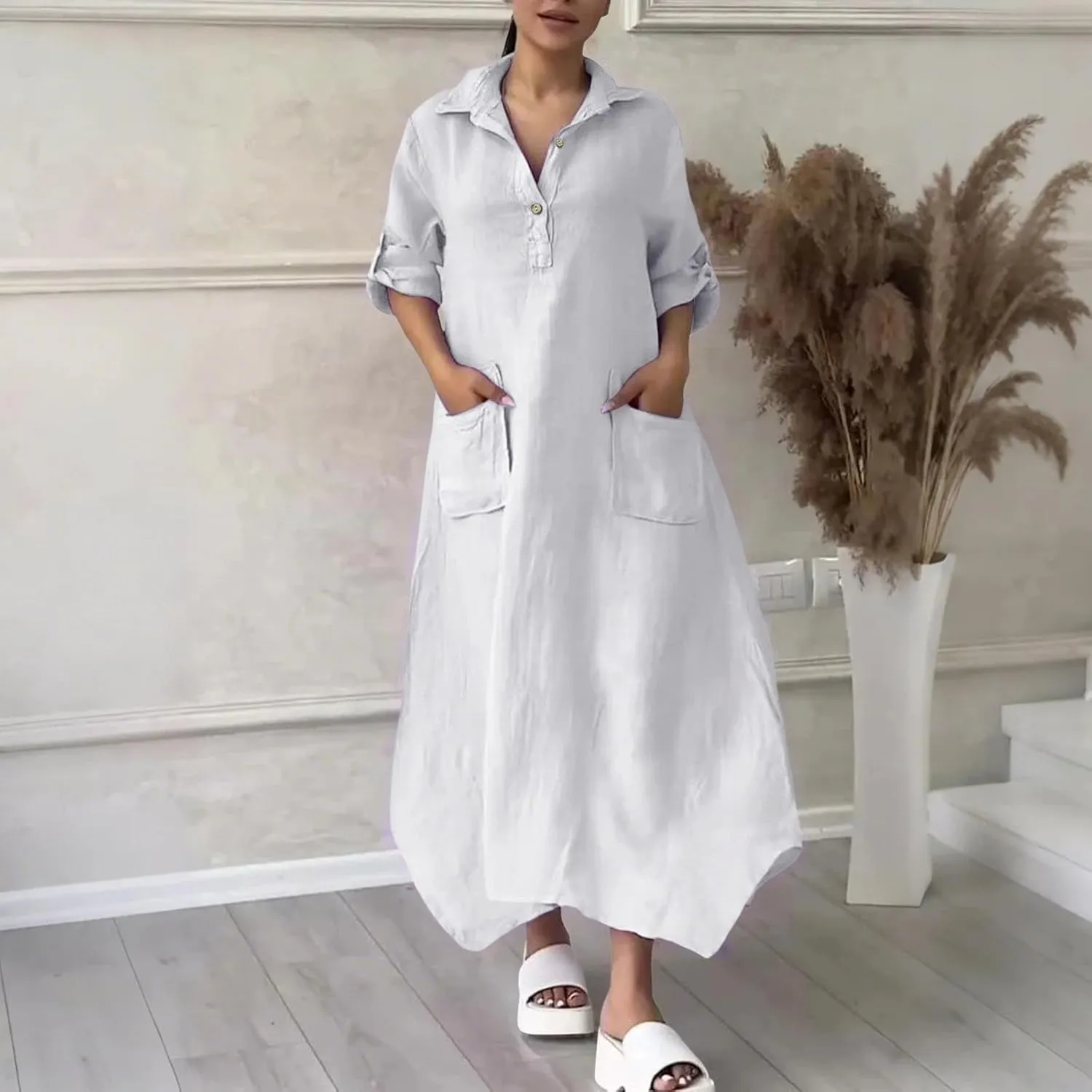 Women Solid Color Long Rolled Sleeve Dress Lapel Collar Button Casual Maxi Dress Loose Fit Basic Dresses with Pockets