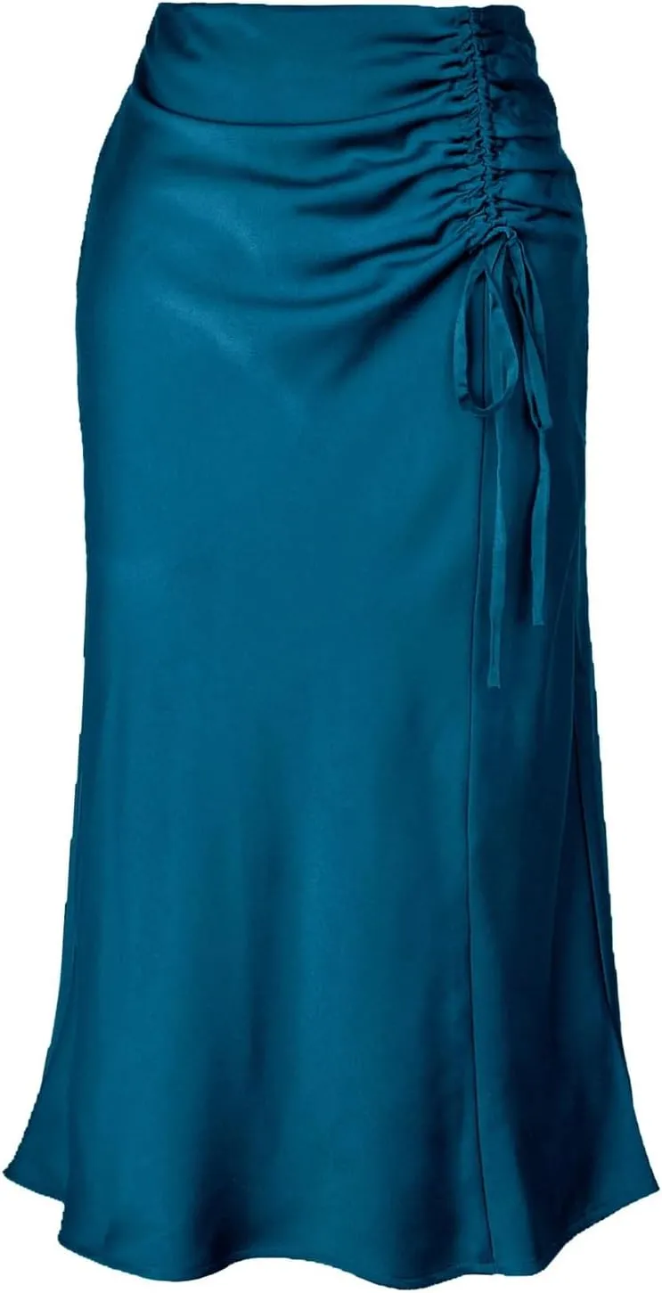 Women Summer Satin Skirt High Waist Slim Zipper Long Skirt Bodycon Elegant Solid Color Midi Skirts