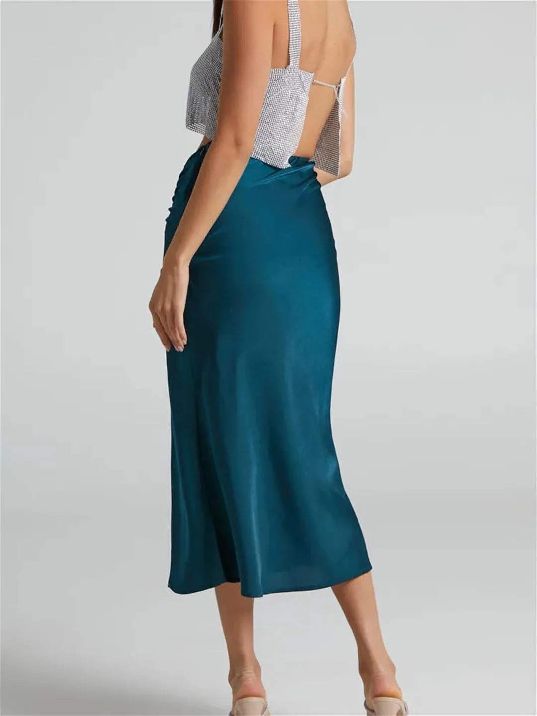Women Summer Satin Skirt High Waist Slim Zipper Long Skirt Bodycon Elegant Solid Color Midi Skirts