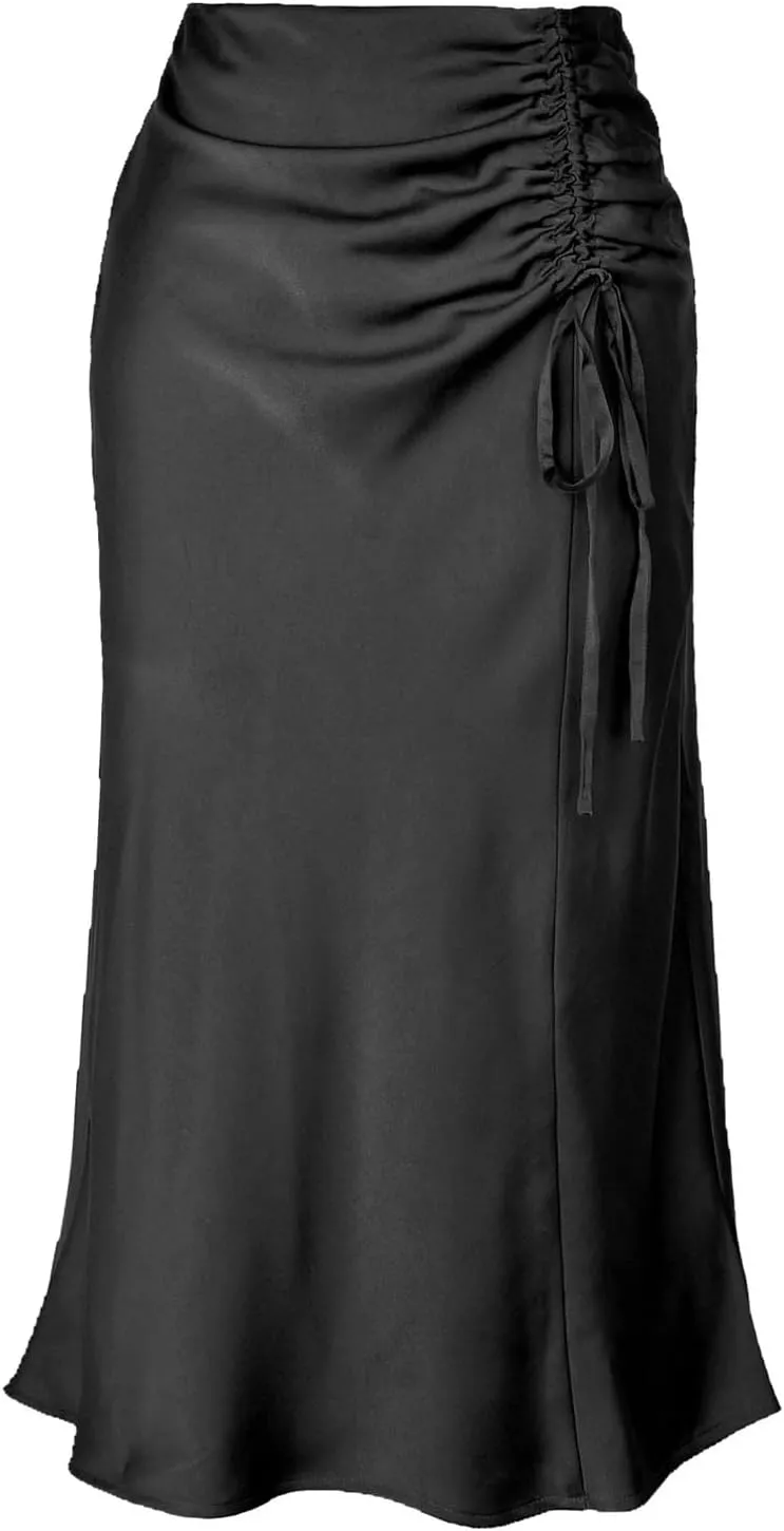 Women Summer Satin Skirt High Waist Slim Zipper Long Skirt Bodycon Elegant Solid Color Midi Skirts