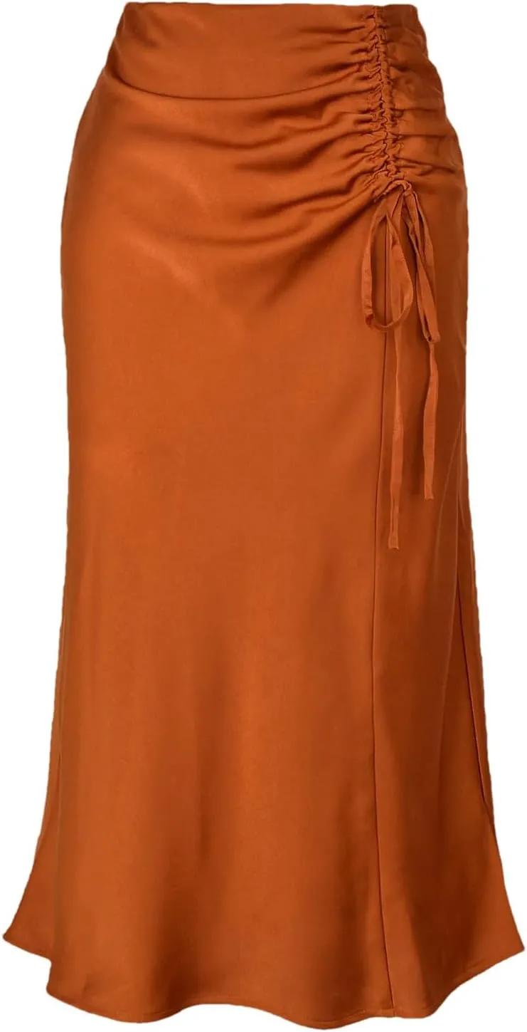 Women Summer Satin Skirt High Waist Slim Zipper Long Skirt Bodycon Elegant Solid Color Midi Skirts
