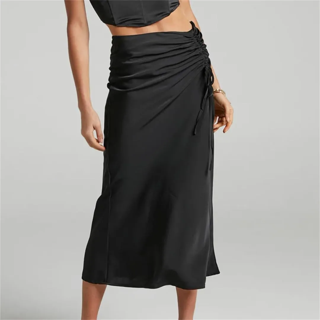 Women Summer Satin Skirt High Waist Slim Zipper Long Skirt Bodycon Elegant Solid Color Midi Skirts