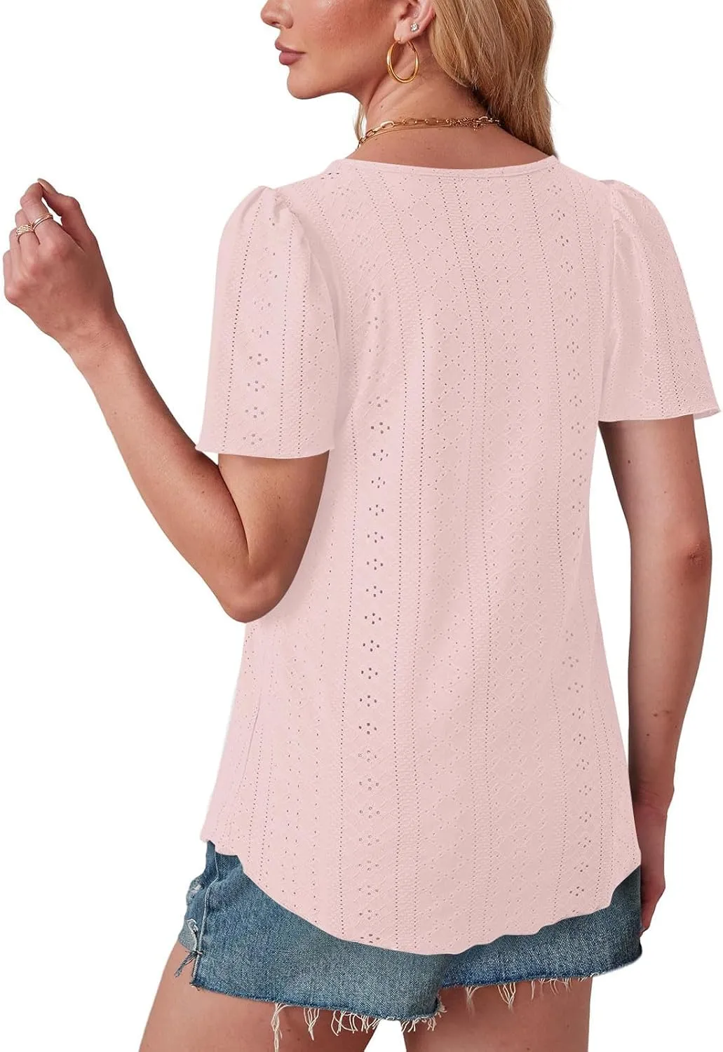 Women Tshirts Short Puff Sleeve Fish Net Crew Neck Tops Thin Breathable Loose Basic Shirt Summer Tee for Women 2025