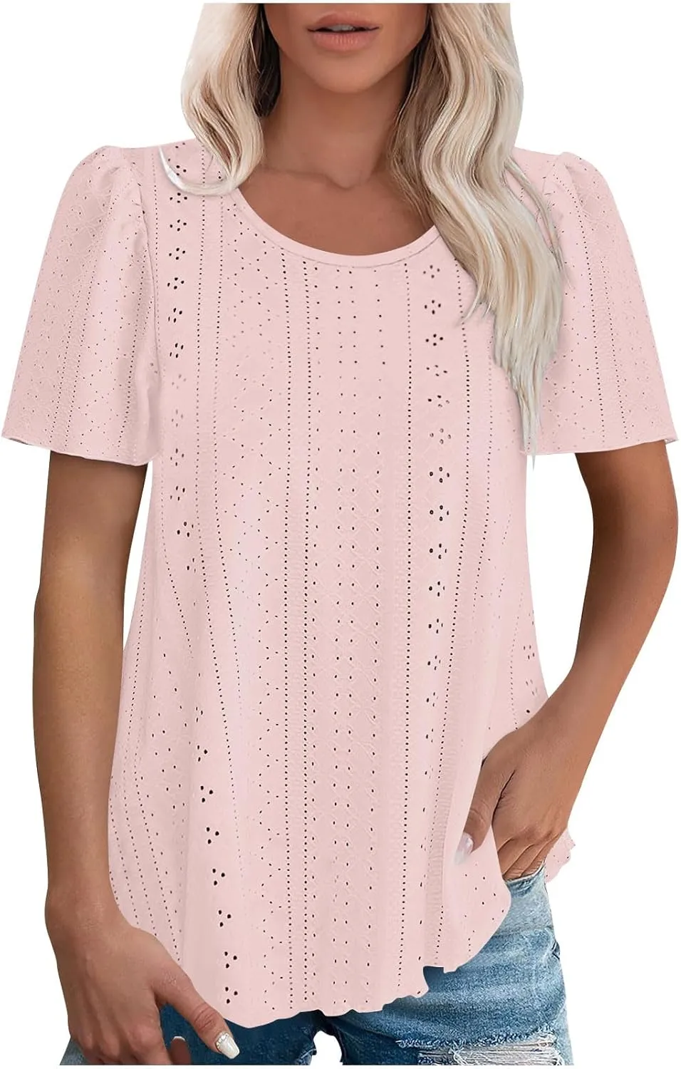 Women Tshirts Short Puff Sleeve Fish Net Crew Neck Tops Thin Breathable Loose Basic Shirt Summer Tee for Women 2025