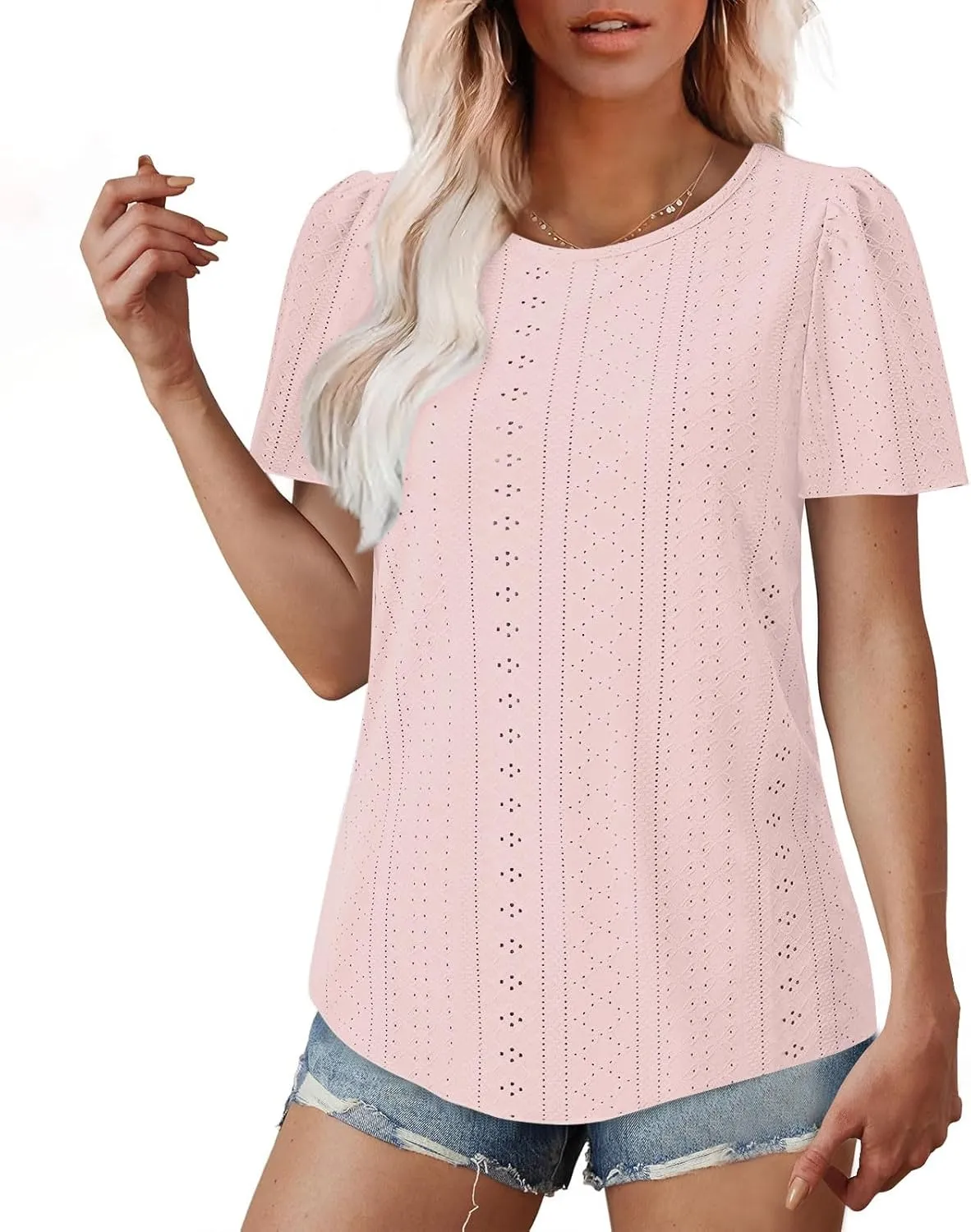 Women Tshirts Short Puff Sleeve Fish Net Crew Neck Tops Thin Breathable Loose Basic Shirt Summer Tee for Women 2025