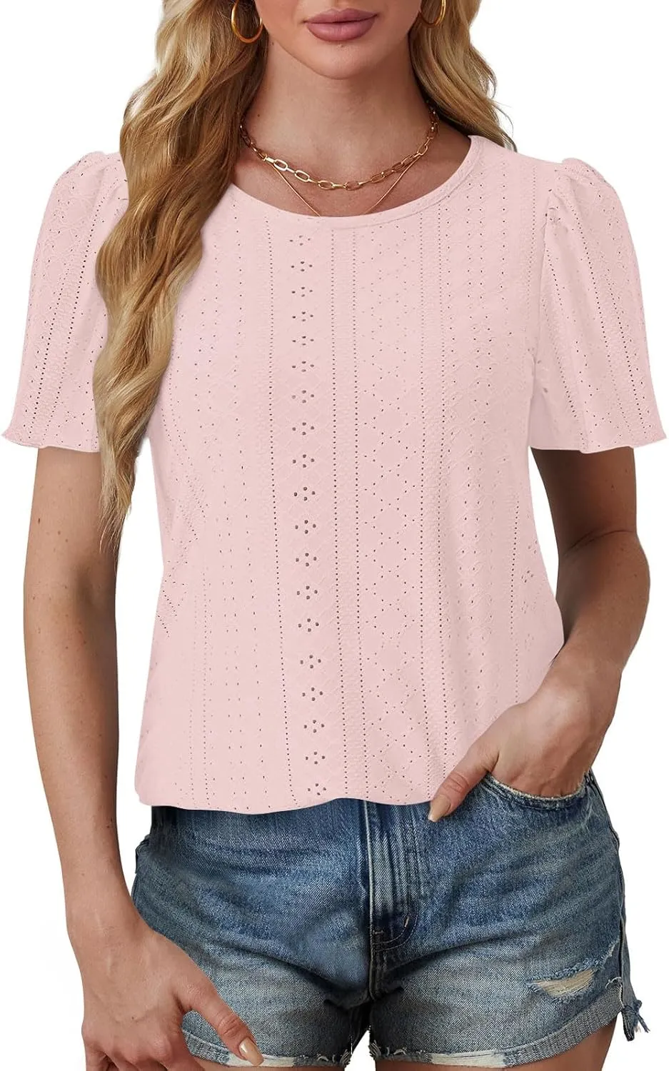 Women Tshirts Short Puff Sleeve Fish Net Crew Neck Tops Thin Breathable Loose Basic Shirt Summer Tee for Women 2025