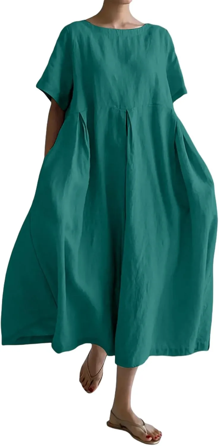 Women's Cotton Linen Dress Casual Crew Neck Short Sleeve Flowy Ruffle Hem Flowy Maxi Dress with Pockets