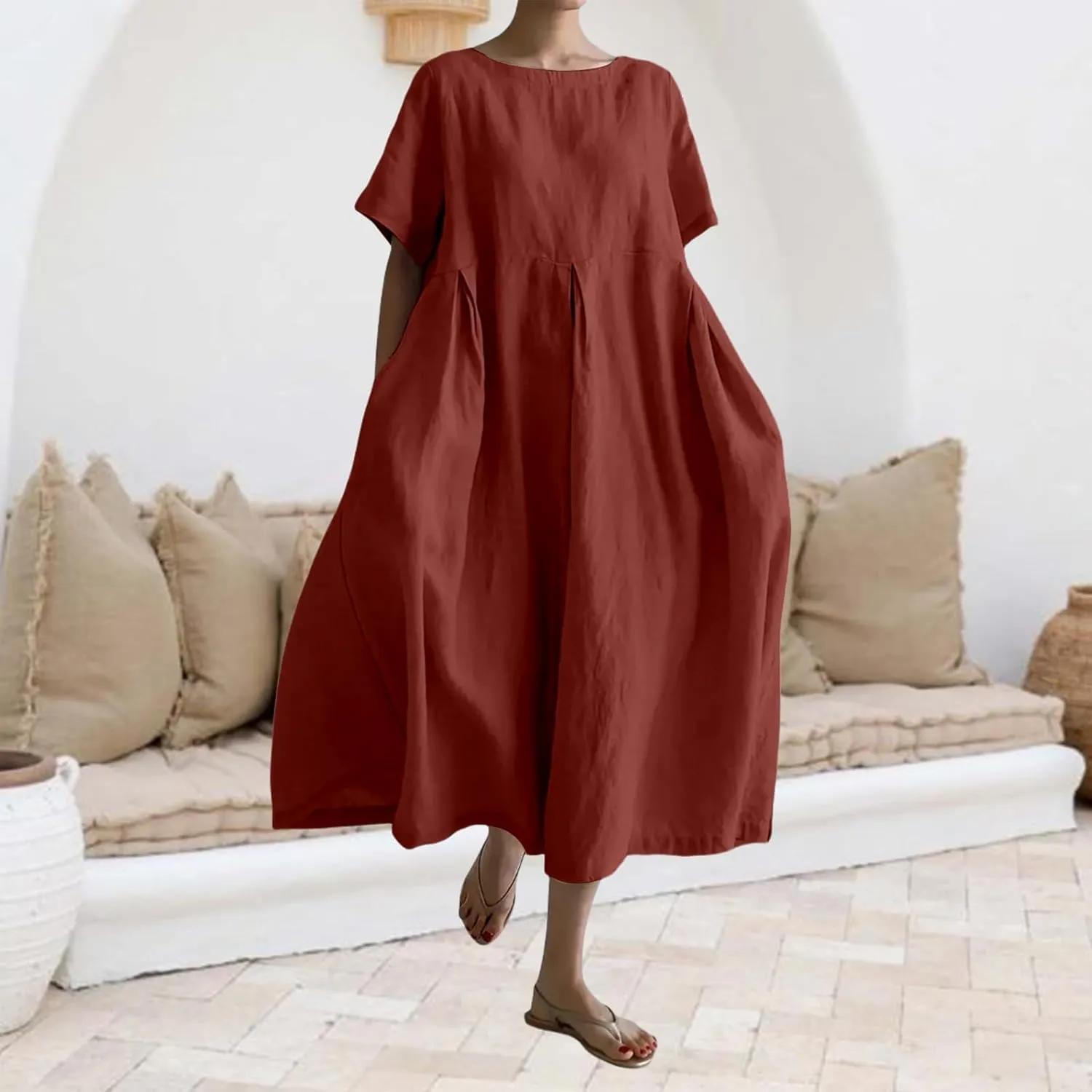 Women's Cotton Linen Dress Casual Crew Neck Short Sleeve Flowy Ruffle Hem Flowy Maxi Dress with Pockets