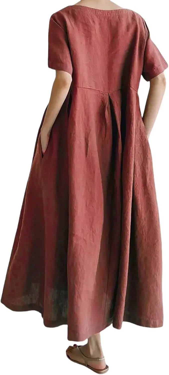 Women's Cotton Linen Dress Casual Crew Neck Short Sleeve Flowy Ruffle Hem Flowy Maxi Dress with Pockets
