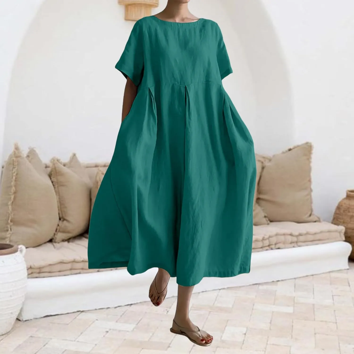 Women's Cotton Linen Dress Casual Crew Neck Short Sleeve Flowy Ruffle Hem Flowy Maxi Dress with Pockets