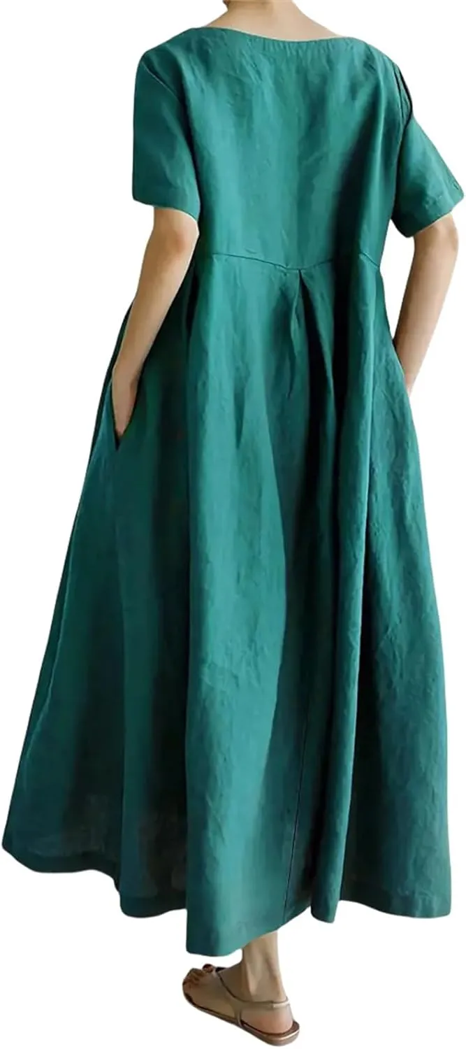 Women's Cotton Linen Dress Casual Crew Neck Short Sleeve Flowy Ruffle Hem Flowy Maxi Dress with Pockets