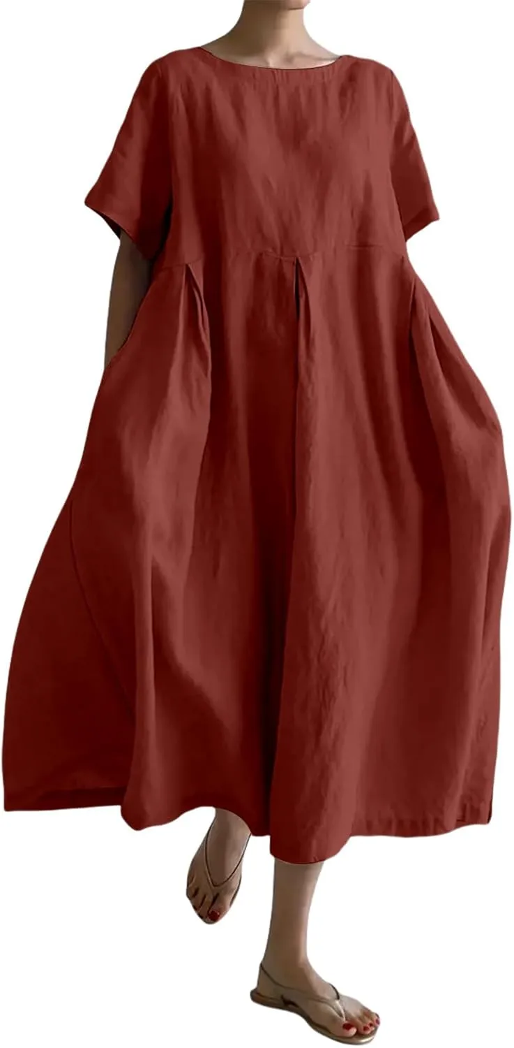 Women's Cotton Linen Dress Casual Crew Neck Short Sleeve Flowy Ruffle Hem Flowy Maxi Dress with Pockets