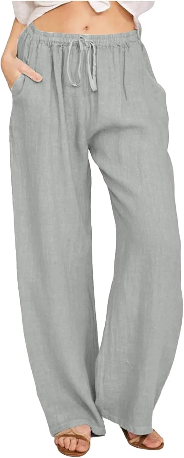 Women's Cotton Linen Summer Fashion Pant Trousers Elastic Waist Stretchy Slim-Fit Palazzo Lounge Pants
