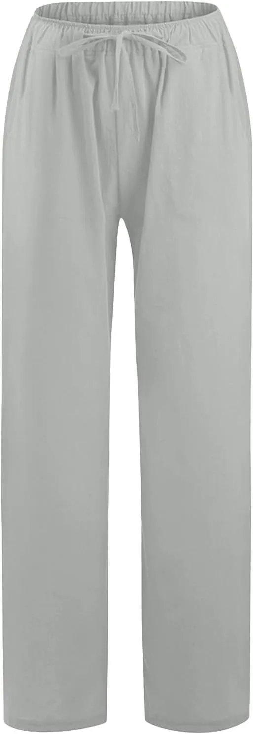 Women's Cotton Linen Summer Fashion Pant Trousers Elastic Waist Stretchy Slim-Fit Palazzo Lounge Pants
