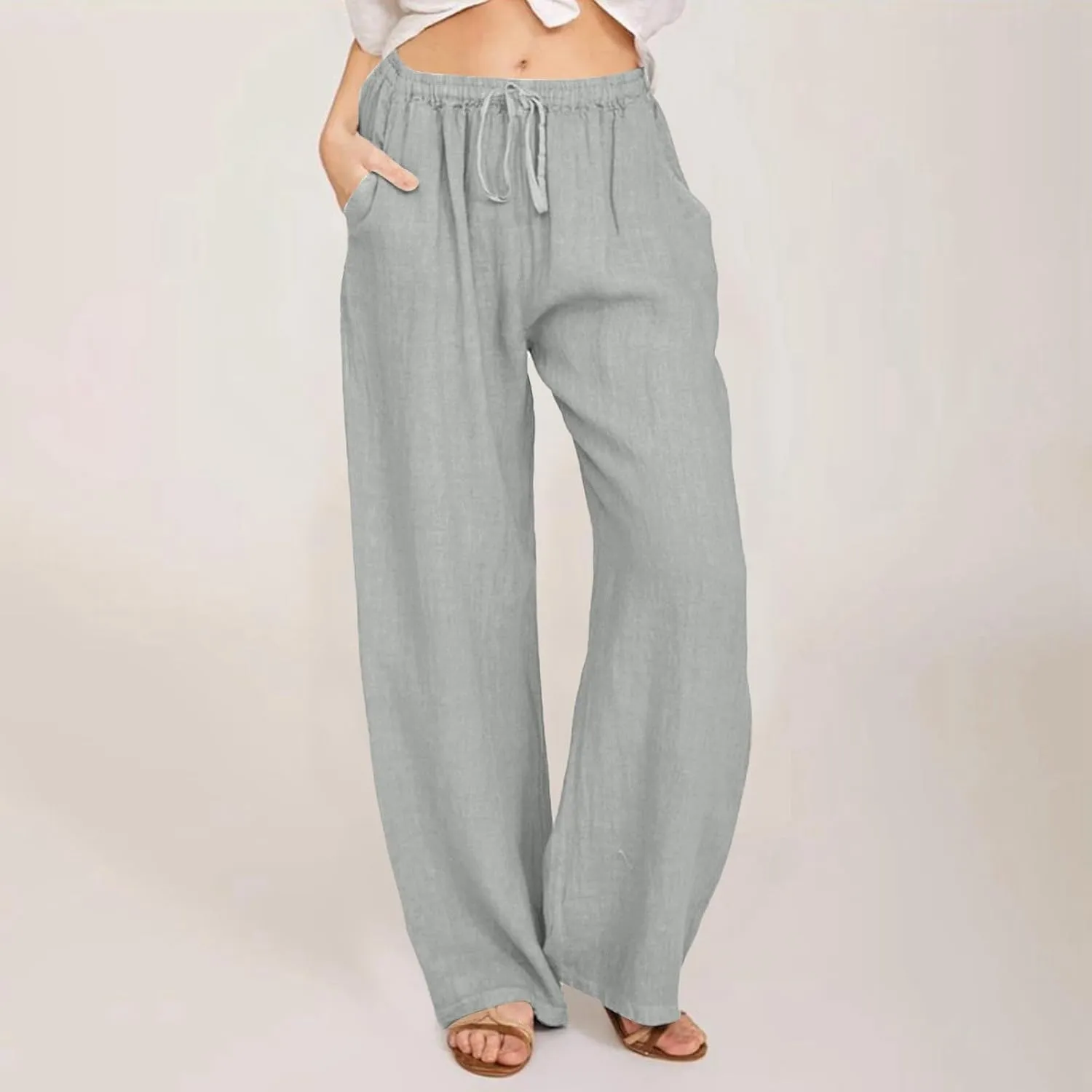 Women's Cotton Linen Summer Fashion Pant Trousers Elastic Waist Stretchy Slim-Fit Palazzo Lounge Pants