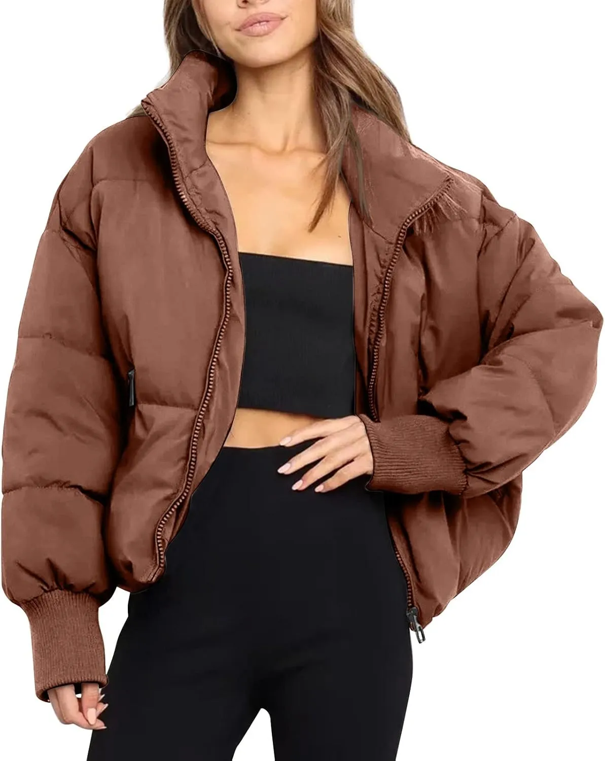 Womens Cropped Puffer Coat Ultralight Down Coat Packable Parkas Jacket Outerwear Zip Up Winter Hooded Insulated Coat