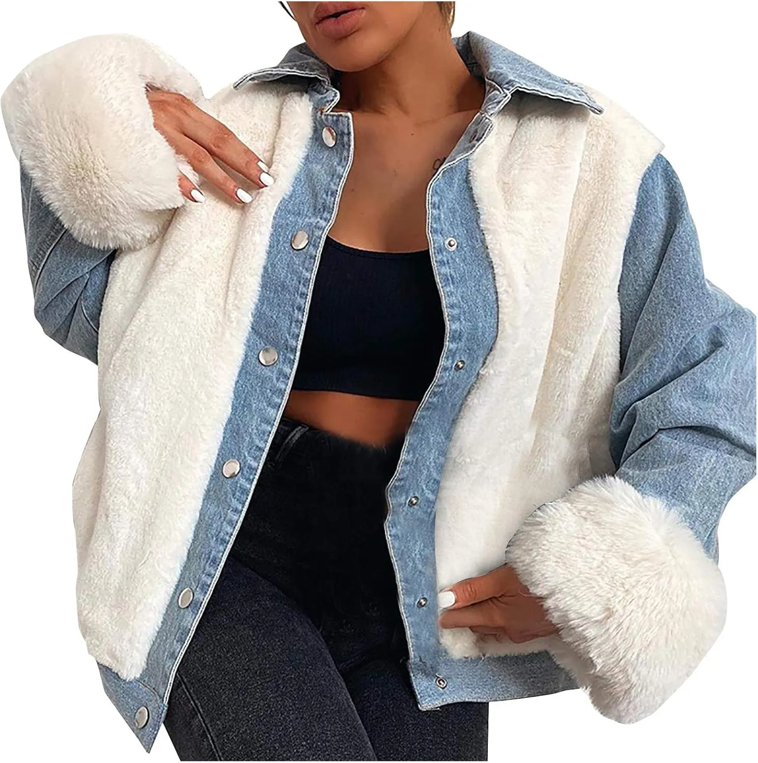 Womens Denim Jacket Fleece Warm 2024 Button Down Shirt Jacket Fall Fuzzy Lightweight Soft Coats Winter Warm Outerwear